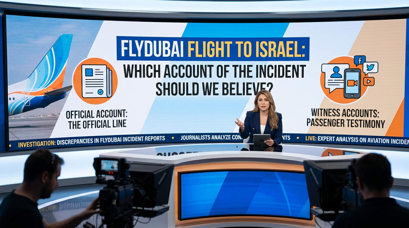 News studio graphic reads “FLYDUBAI FLIGHT TO ISRAEL: WHICH ACCOUNT OF THE INCIDENT SHOULD WE BELIEVE?” with “OFFICIAL ACCOUNT: THE OFFICIAL LINE” and “WITNESS ACCOUNTS: PASSENGER TESTIMONY.”